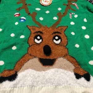 Reindeer Jingle Bells LED Lights Merry Christmas Sweater Sz XL Green Holiday S12